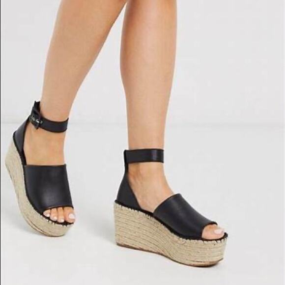 Free People Black Coastal Espadrille Leather Platform Sandals Size 6.5 - Picture 1 of 10